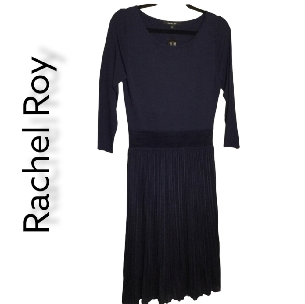 Rachel Roy Pleated Navy Knit Midi Dress with Three Quarter Sleeves | Size: M